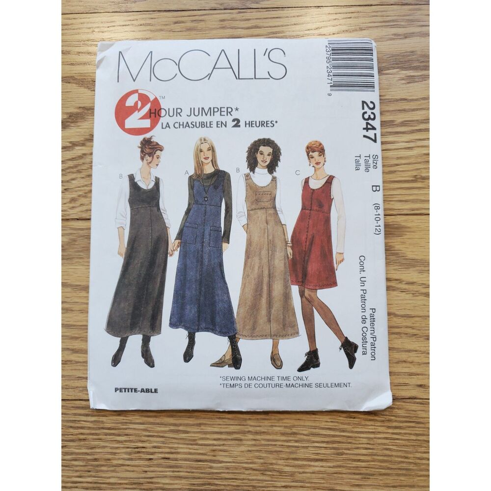 McCall's 2347Size B(8, 10, 12) 2 Hour Jumper Dresses Pockets New Uncut